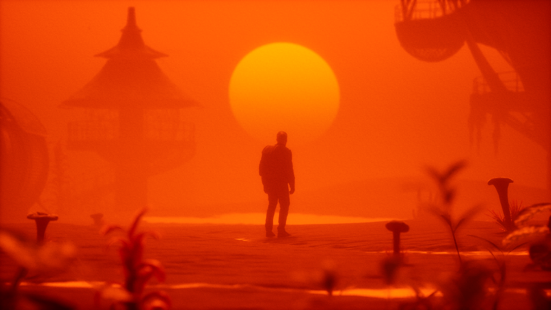 Render — figura solitária diante de um sol gigante em paisagem alaranjada, Unreal Engine