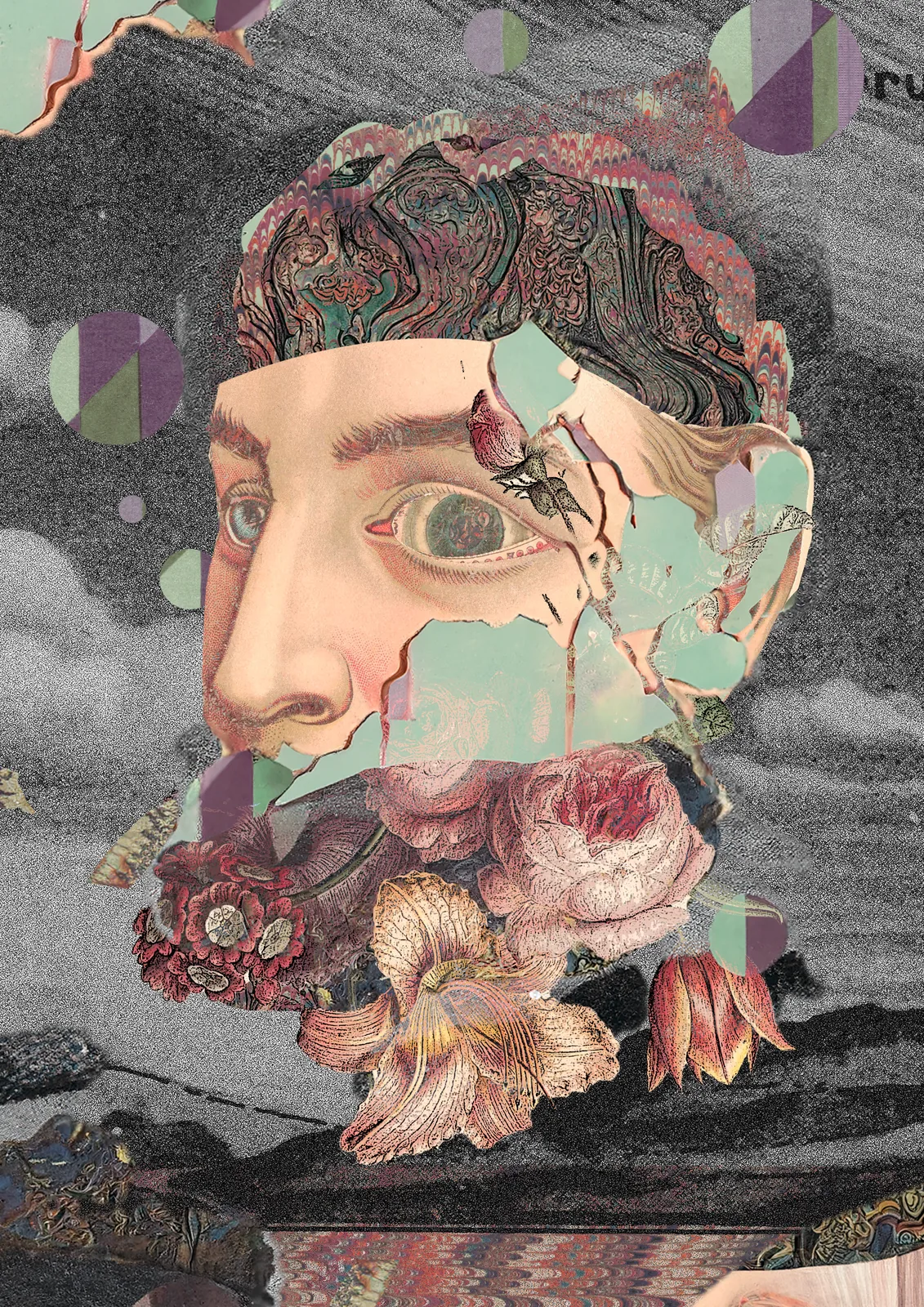 Colagem — rosto com olho e flores